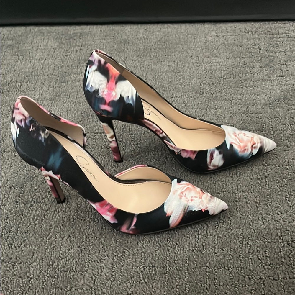 Jessica Simpson Black and Pink Floral Heels